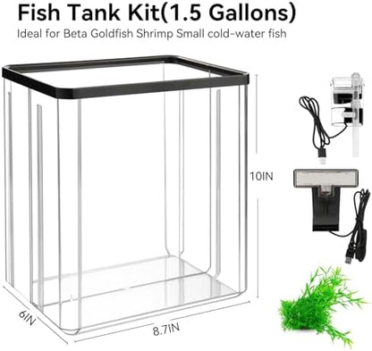 1.5 Gallon Aquarium Starter Kits - Plastic Fish Tank Kit Clear Beta Fish Tank Small with Filteration Oxygenation, Water Circulation, Lighting - Beginner's Gift for Guppy, Shrimp, Goldfish