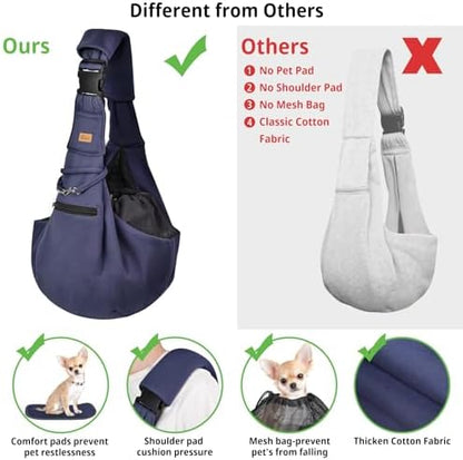CUBY Adjustable Dog Cat Sling Carrier with Padded Hard Bottom Pet Carrier Sling Soft Carrying Puppy Bag for Small Dogs Cats Outdoor Travel(Blue Senior)
