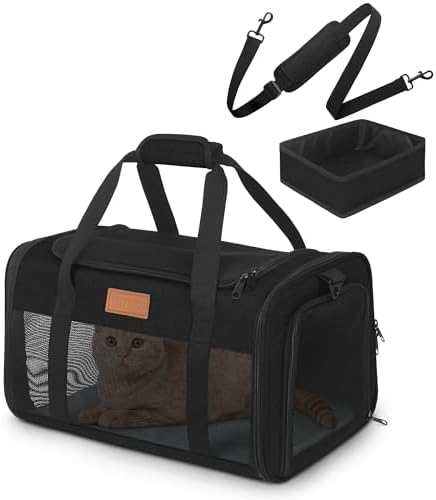 PETUX Airline Approved Pet Carrier - 17x11x9.5 in, Underseat, Top & Side Entry, Soft Sided Cat Carrier for Small Cat Up to 12 lbs with Anti-Scratch Mesh & Litter Box for Travel & Vet - Black