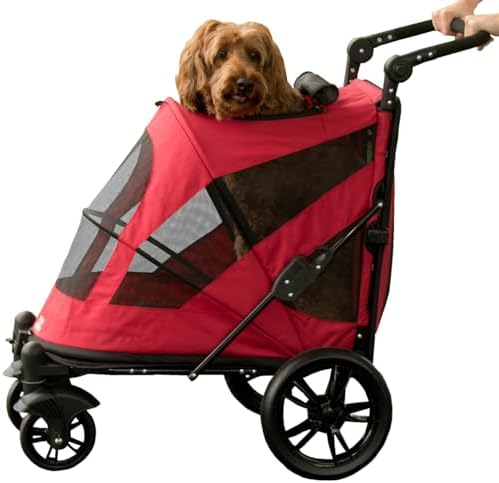 Pet Gear NO-Zip Pet Stroller with Dual Entry, Push Button Zipperless Entry for Single or Multiple Dogs/Cats, Pet Can Easily Walk in/Out, Gel-Filled Tires, Cherry, Excursion