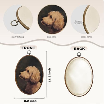 Vintage Dog Oval Framed Wall Art, Dog Lover Gifts Canvas Art Wall Decor，Cute Cottage Hanging Decor Painting Artwork for Home Bedroom Bathroom Pet Shop Living Room Office Decorations 8.3x12inch