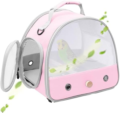 Bird Carrier, Portable Small Bird Parrot Parakeet Carrier with Standing Perch and Soft Mat, Side Access Window Collapsible (Pink, Mesh Windows)