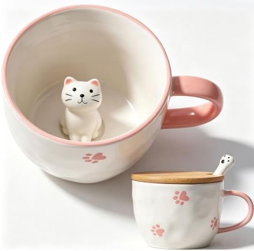 BigNoseDeer Kawaii Cat Mug with 3D Kitty Inside Cute Mugs Ceramic Tea Cup Coffee Mug Gifts for Women Girlfriend Kids White Elephant Gifts (13oz)