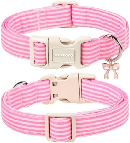 DOGWONG Pink Striped Girl Dog Collar for Small Medium Dog XL