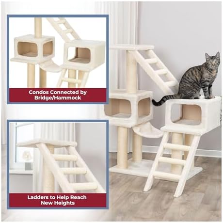 TRIXIE Malaga Cat Tower – Cat Tree with Extra-Thick Sisal Posts, Caves, Platforms & Hammock – Durable Cat Furniture for Indoor Cats – Beige, 18" x 28" x 43"