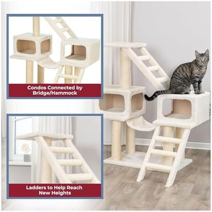 TRIXIE Malaga Cat Tower – Cat Tree with Extra-Thick Sisal Posts, Caves, Platforms & Hammock – Durable Cat Furniture for Indoor Cats – Beige, 18" x 28" x 43"