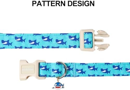 Lionet Paws Blue Dog Collar Summer Ocean Collars with Cute Sharks Pattern Pendant - Female Male Boy Dog Collar for Medium Large Dogs L