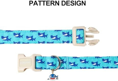 Lionet Paws Blue Dog Collar Summer Ocean Collars with Cute Sharks Pattern Pendant - Female Male Boy Dog Collar for Small Medium Large Dogs M