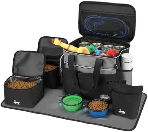 Dog Travel Bag for Pet Kit for Supplies with 2 Food Storage Containers 2 Collapsible Bowls 1 Feeding Mat 1 Dog Treat Pouch 7-Piece Set Perfect Road Trips Camping Weekend (Black)