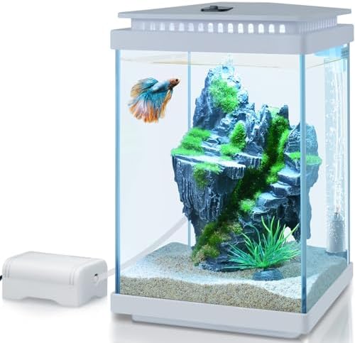 FEDOUR Small Glass Aquarium, 1 Gallon Desktop Fish Tank, Betta Fish Tank, Mini Aquarium Starter Kit with Air Pump LED Light Decoration Water Changer Fish Net (White)