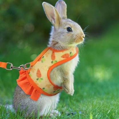 Rabbit Leash and Harness Set,Proof Walking Escape Cute Floral Mesh Vest Breathable Rabbit Costumes for Bunny, Hiking, Training for Ferret Kitten Puppy Small Animals Orange S