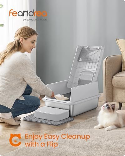 Feandrea Stainless Steel Cat Litter Box with Flip Lid, 2 Doors, Scoop