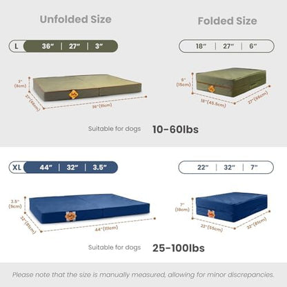Laifug Foldable Waterproof Dog Bed for Large Dogs - Outdoor Orthopedic Dog Bed with Washable Removable Cover, Pet Mattress with Handles, Navy Blue, (44 x 32 x 3.5 inches)