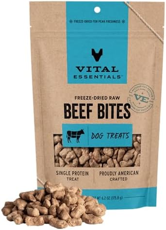 Vital Essentials Freeze Dried Dog Treats, Beef Bites, 6.2 oz Bag