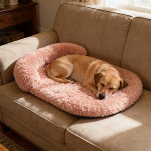 Orthopedic Dog Bed with Egg-Crate Base, Calming Dog Beds Fluffy Plush Faux Fur with Raised Edges, Spine Friendly Pet Sleeping Mat for Medium Large Dogs, Easy Wash (Oval, Blush Pink 32"x24")