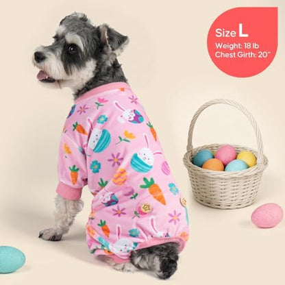 KYEESE Easter Dog Pajamas, Soft Dog Pajamas for Small Dogs Girl, Stretchy Dogs Pjs Velvet Pet Jumpsuit with Eggs & Bunny Pattern, Comfy Lightweight Pet Outfit, Pink, L