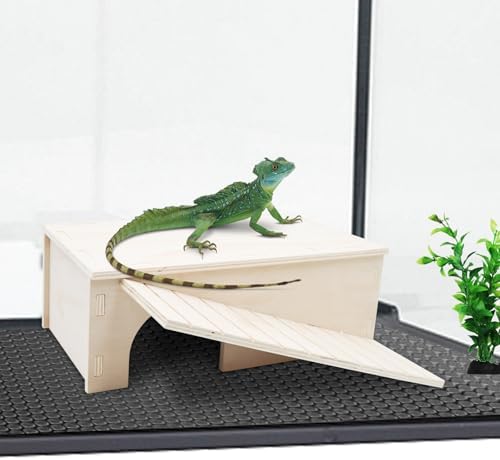 Oooct Bearded Dragon Hide Cave, Wooden Lizard Hideout with Climbing Ramp, Reptile Habitat with Basking Platform, Tank Accessories for Bearded Dragon Lizard Chameleon Hamster 12.9 × 11 × 4.7 Inch
