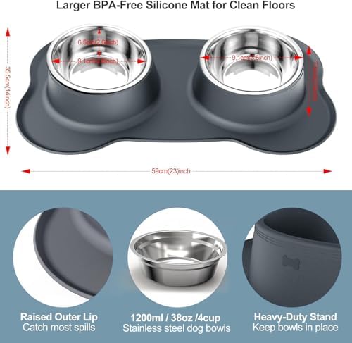 AsFrost Dog Food Bowls, BPA Free Stainless Steel Dog Food and Water Bowl Set, 2 Large Dog Bowls with No Spill Non-Skid Silicone Mat, Dog Dishes for Medium Large Sized Dogs Pet Bowls, 6 Cup, Grey