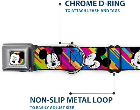 Disney Pet Collar, Dog Collar Metal Seatbelt Buckle, Mickey Mouse Expressions Multi Color White Black, 11 to 16.5 Inches 1.0 Inch Wide