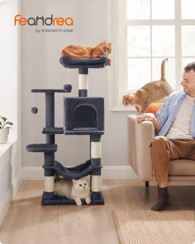 Feandrea Cat Tree, 44.1-Inch Cat Tower, Multi-Level Condo, Smoky Gray
