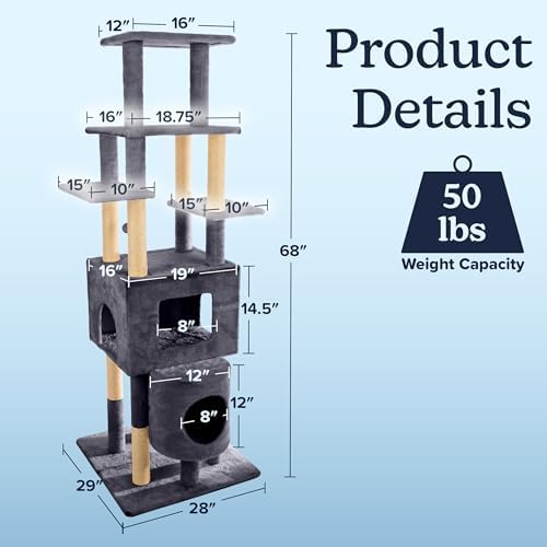 68” Tall Cat Tree Tower - Cat Tower with 2 Kitten Condos, Climbing Perches, 8 Jute Rope Scratching Posts, and Hanging Toy - Multi-Level Kitten Tree and Climbing Activity Furniture by PETMAKER (Gray)