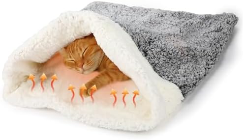 Self Heating Cat Sleeping Bag Indoor Self Warming Cat Bed Cave Heated Pad Cozy Soft Winter Washable Wrap Pet Snuggle Sack Pouch for Puppy Dog Kitten, 24 x 21 Inch(Rustic,Gray)