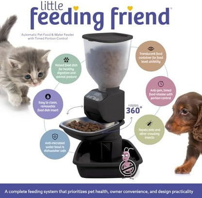 Feeding Friend® Automatic Dog & Cat Food Feeder with Water Dispenser, Smart Portion Control, OLED Display, Anti-Jam Design, Battery Operated, XS 4–15 lbs Pets, Black