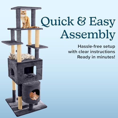 68” Tall Cat Tree Tower - Cat Tower with 2 Kitten Condos, Climbing Perches, 8 Jute Rope Scratching Posts, and Hanging Toy - Multi-Level Kitten Tree and Climbing Activity Furniture by PETMAKER (Gray)