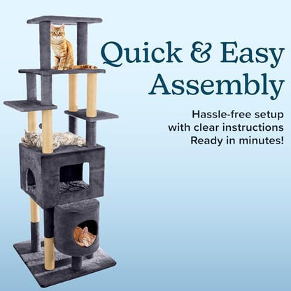 68” Tall Cat Tree Tower - Cat Tower with 2 Kitten Condos, Climbing Perches, 8 Jute Rope Scratching Posts, and Hanging Toy - Multi-Level Kitten Tree and Climbing Activity Furniture by PETMAKER (Gray)