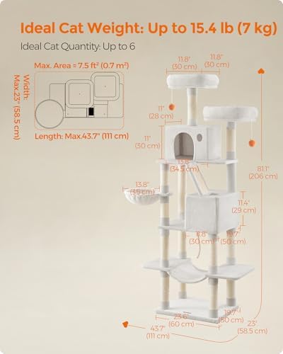 Feandrea Cat Tree, 81.1-in Large Cat Tower, Multi-Level Condo, Cream White