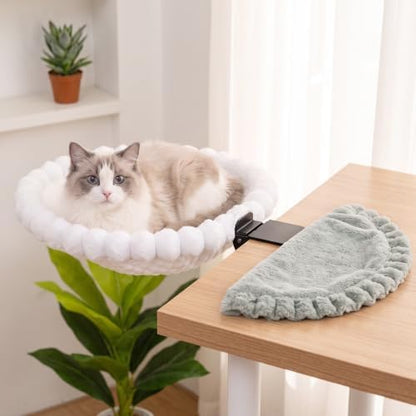 Desk Cat Bed with 2 Washable Covers (Gray & White Set), Space Saving Clamp-On Cat Perch Hammock for Desk Side, Heavy Duty Metal Frame Cat Lounge Seat for Indoor Cats, Fits Most Desks