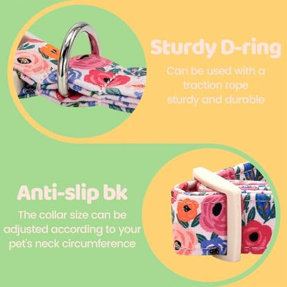 Dog Collars, Spring Blue Flower Print Cotton Collar Light Pink Adjustable Light Plastic Buckle Collar with Bow Pet Collar Gift for Small Dogs