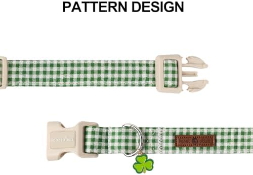 Lionet Paws St. Patrick Dog Collar, Comfortable Adjustable Green Collar with Green and White Grid Pattern for Medium Male Female Dogs Collars, Neck 13.5-22 inches