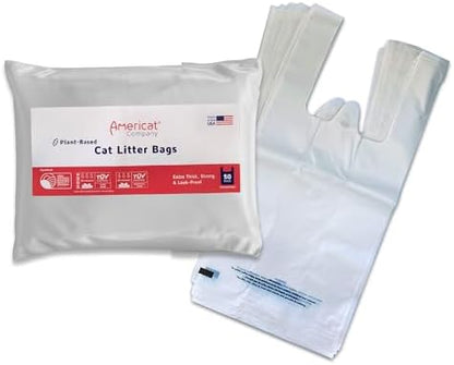 Cat Litter Bags, Plant-Based by Americat – 50 Bags for Scooped Litter, Pee & Poop from Cat Litter Boxes – Compost Certified – Holds 11 Pounds of Waste – Durable, Unscented, With Handles (16” x 8”)