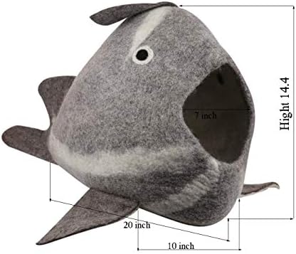 Whale Cat Cave — Felt Cat Cave Bed, Funny Cute Cat Bed, Handmade Wool Cat Cave for Indoor Cats, Fits 1 Large or 2 Small Cats, 20 x 14.5 Inch, Natural Wool Cat Hideaway