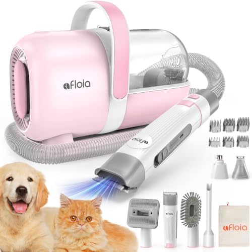 Afloia 6-in-1 Dog Grooming Kit, Pet Grooming Vacuum for Shedding, Dog Hair Vacuum with Clipper Nail Trimmer Grinder, Pet Brush Groomer at Home, Low Noise Cats Hair Remover, 1.5L Dust Cup, Pink