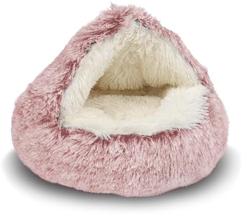 ShinHye Cat Bed Round Plush Fluffy Hooded Cat Bed Cave, Cozy for Indoor Cats or Small Dog beds, Soothing Pet Beds Doughnut Calm Anti-nxiety Dog Bed - Waterproof Bottom Washable (26×26inch, Pink)