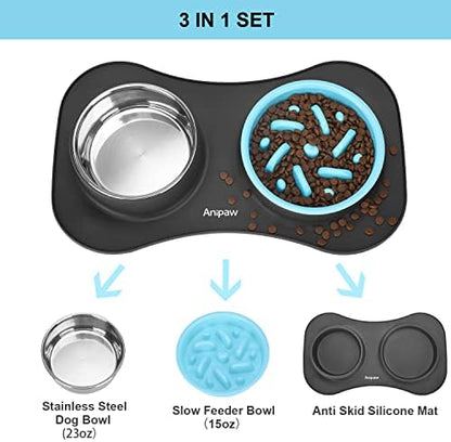Slow Feeder Dog Bowls 3 in 1 Stainless Steel Food Water Bowl to Slow Eating