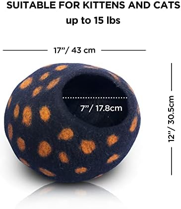 Woolygon Premium Felt Cat Cave Bed – Wool Kitty Beds Handcrafted Kitten Caves Bed for Indoor Cats - Made from Merino Wool, Foldable Cat Hideaway Covered Cat House Pod (Black Polka)