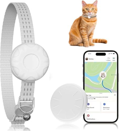 Smart Cat GPS Tracker, Cat Tracker Collar with Safety Elastic Buckle, Compatible with Apple Find My App (Only iOS), No Monthly Fee, Waterproof (White Tracker, White Cat Collar)