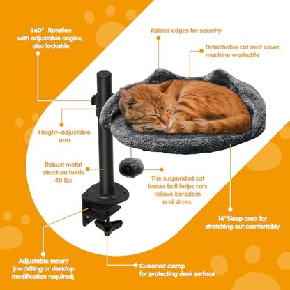 Cat Desk Bed - Adjustable Steel Frame,Faux Fur Perch Holds 40lbs