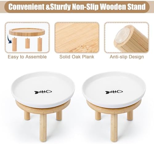 Elevated Cat Bowls with Bamboo Stand, Ceramic Raised Cat Bowl Set of 2, 5.9 Inch Whisker Friendly Anti Vomiting Cat Food Bowls for Dry and Wet Food