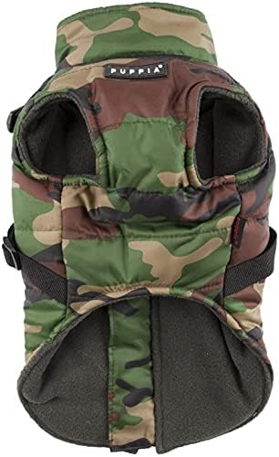 Puppia Mountaineer Winter Dog Coat with integrated harness No Pull Cold Weather Waterproof Warm Fleece Back Zipper for Small & Medium Dog, CAMO, Small