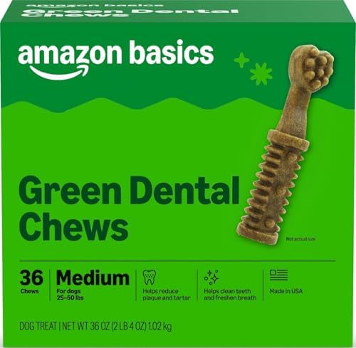 Amazon Basics Dental Dog Treats to Help Clean Teeth & Freshen Breath for Medium Dogs, Unflavored, Per Pack: 36 Count, 2.25 pounds (Previously Wag)