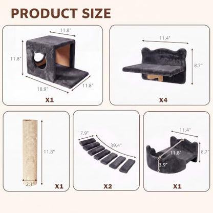 Cat Wall Furniture, 9 in 1 Cat Wall Shelves Set with Bridge, Grey