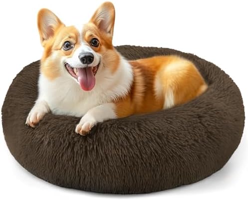 28in Large Dog Bed, Calming Donut Bed for Puppy and Kitten (Coffee)