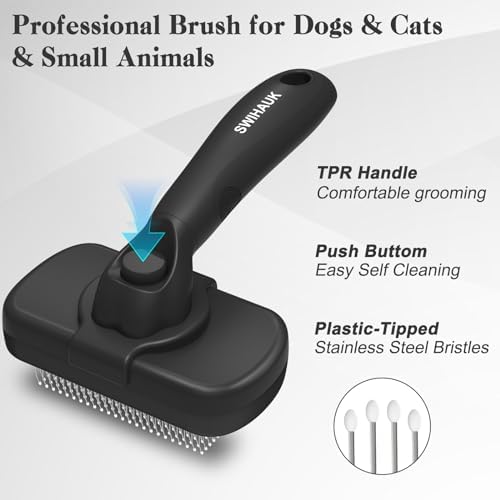 Swihauk Self Cleaning Slicker Brush for Dogs & Cats - Skin Friendly Deshedding and Grooming Brush for Haired Pets, Pet Supplies Accessory, Black