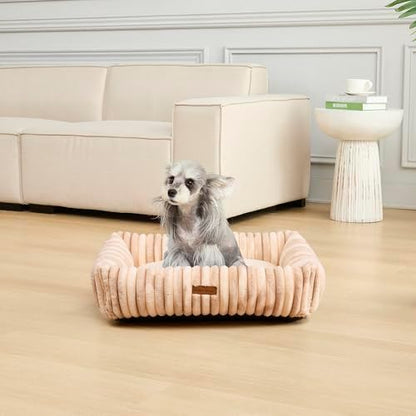 Modern Threads Ribbed Plush Two-Tone Cuddler Dog Bed, Ultra-Soft Faux Rabbit Fur, Supportive Bolstered Sides, Removable Washable Cover, Bed for Medium Dogs, Cream, (28" L x 21" W x 9" Th)
