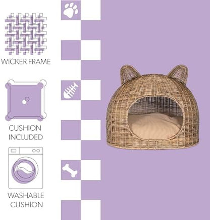 CBD1000A Cat Ear 20" x 14.5" Coastal Handwoven Rattan Cat Bed with Machine-Washable Cushion, Natural