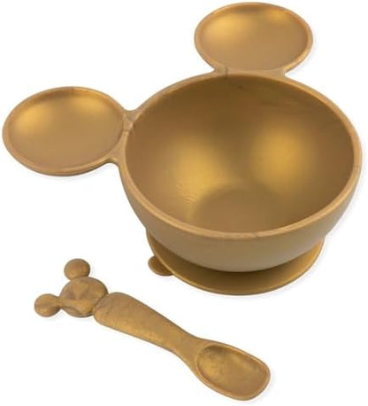 Bumkins Disney Baby Bowl, Silicone Feeding Set with Suction for Baby and Toddler, Includes Spoon, First Feeding Set, Essentials for Baby Led Weaning for Babies Eating 4 Months Up, Minnie Mouse Gold